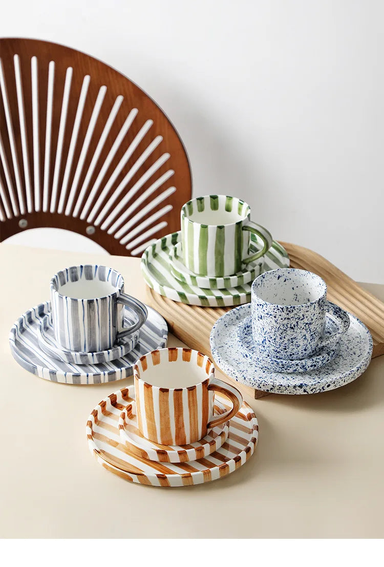Simple Striped Ceramic Teacup Hotel Café Porcelain Coffee Cup 280ml Office Mug Breakfast Bread Dessert Mug Gift Table Decoration