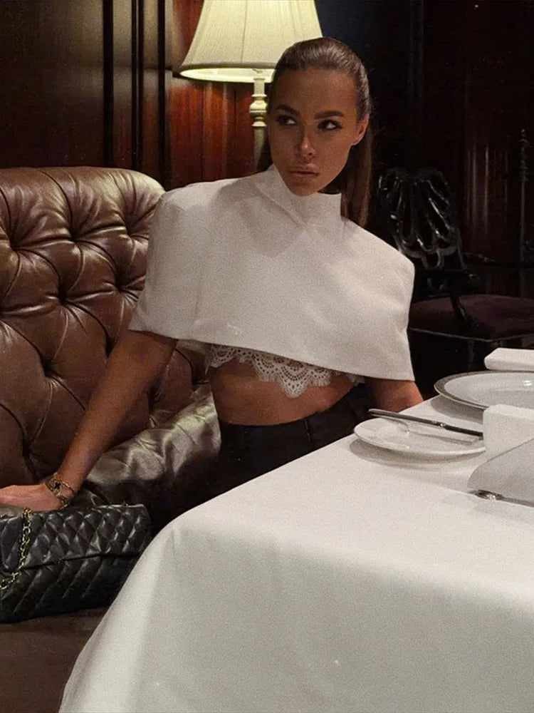 Elegant Cropped Shawl Top With Shoulder Pad