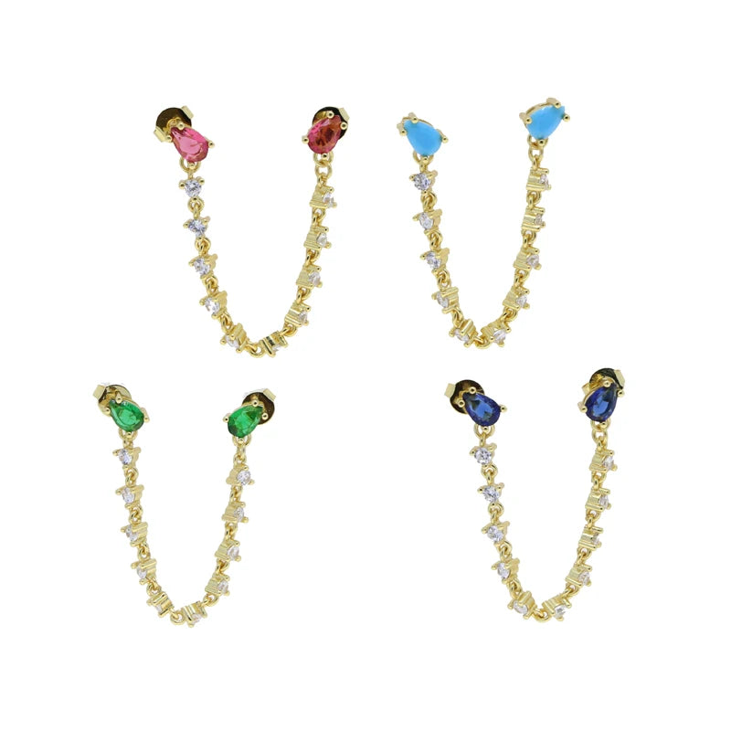 2 Hole Double Piercing Dangle Drop Fashion Women Earring Gold Plated Colorful Teardrop CZ Tassel Charm Jewelry