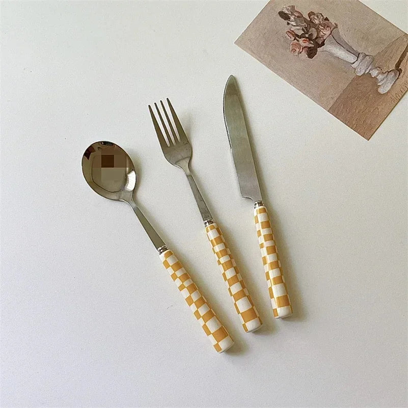 3pcs/set Stainless Steel Knife Fork Spoon Checkerboard Ceramic Handle Cutlery Set Western Tableware Dessert Fork Knife Spoon