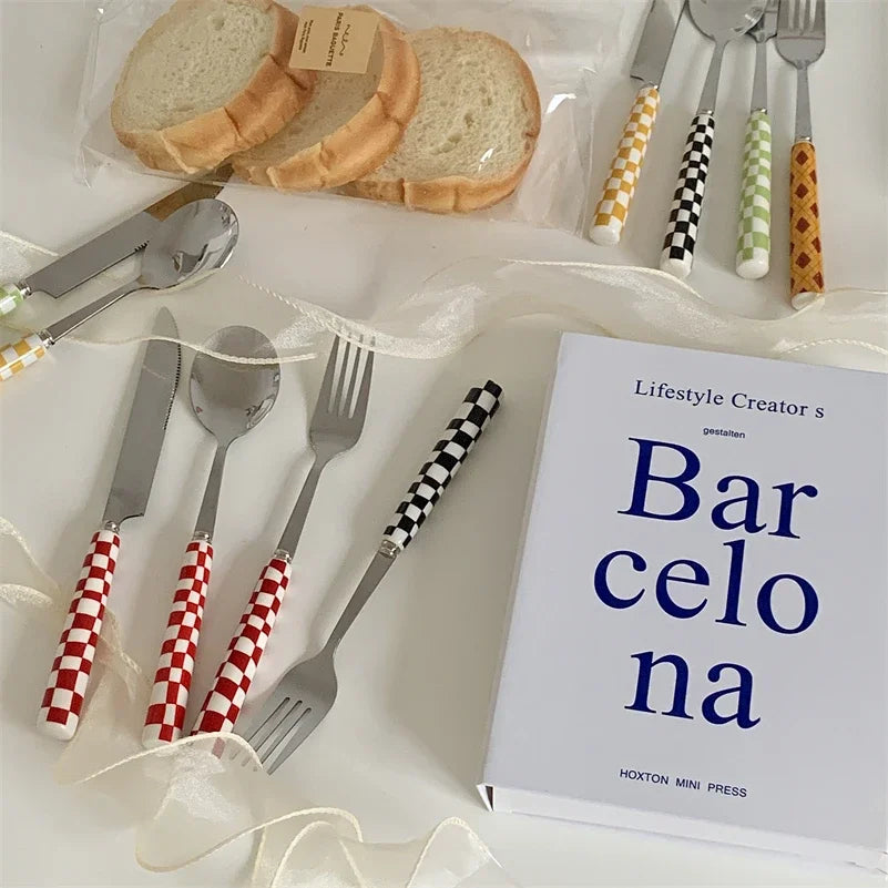 3pcs/set Stainless Steel Knife Fork Spoon Checkerboard Ceramic Handle Cutlery Set Western Tableware Dessert Fork Knife Spoon