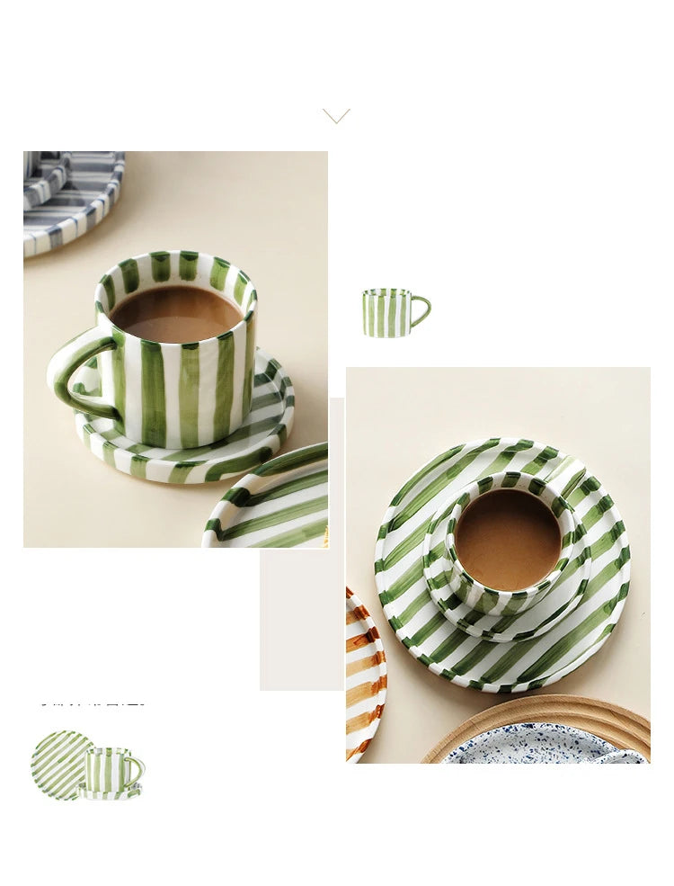 Simple Striped Ceramic Teacup Hotel Café Porcelain Coffee Cup 280ml Office Mug Breakfast Bread Dessert Mug Gift Table Decoration