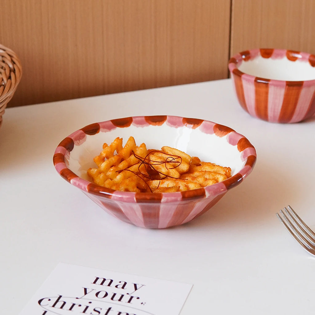 1Pc Rose Striped Ceramic Bowl, Creative Design Hand-Painted Checkerboard Ceramic Dessert Bowl, Exquisite and Aesthetically Pleasing, Suitable for Daily Household Tableware, Ice Cream Bowls for Restaurants and Cafes, Afternoon
