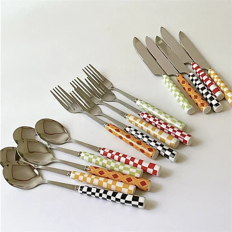 3pcs/set Stainless Steel Knife Fork Spoon Checkerboard Ceramic Handle Cutlery Set Western Tableware Dessert Fork Knife Spoon