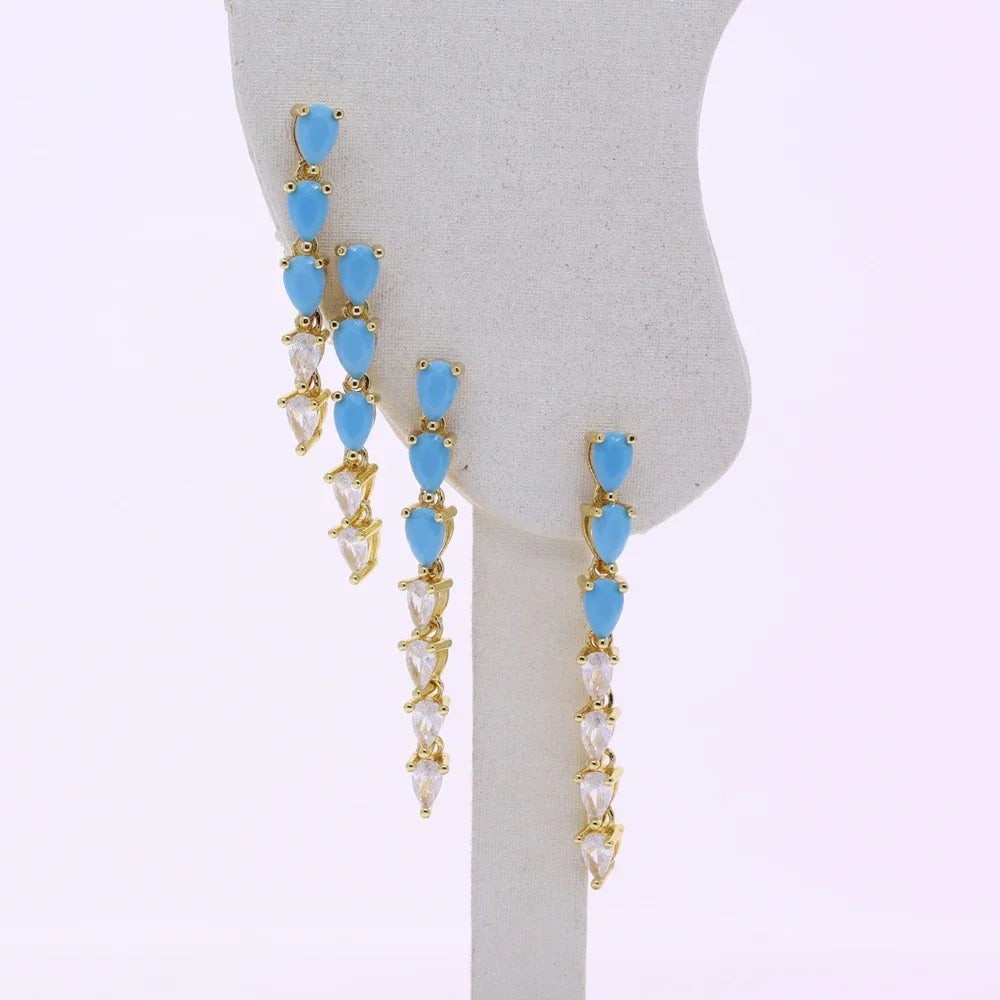 High Quality Geometric Turquoises CZ Paved Earring Hoop Premium Blue Drop Dangle Earrings for Women Wedding Luxury Jewelry Girls
