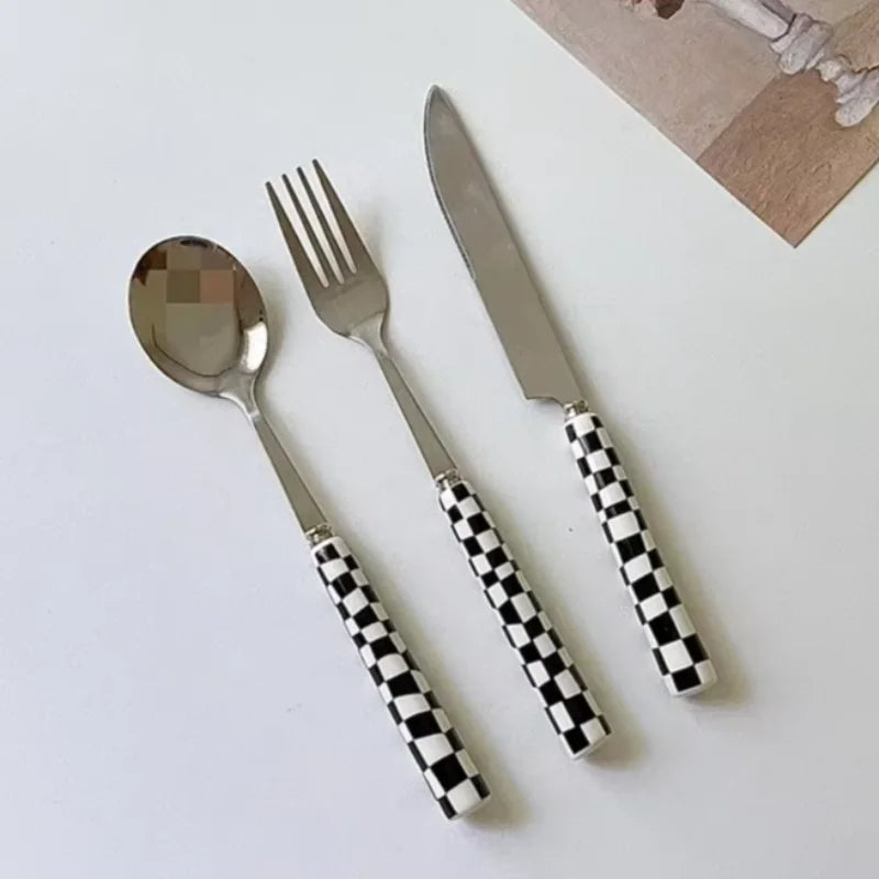 3pcs/set Stainless Steel Knife Fork Spoon Checkerboard Ceramic Handle Cutlery Set Western Tableware Dessert Fork Knife Spoon
