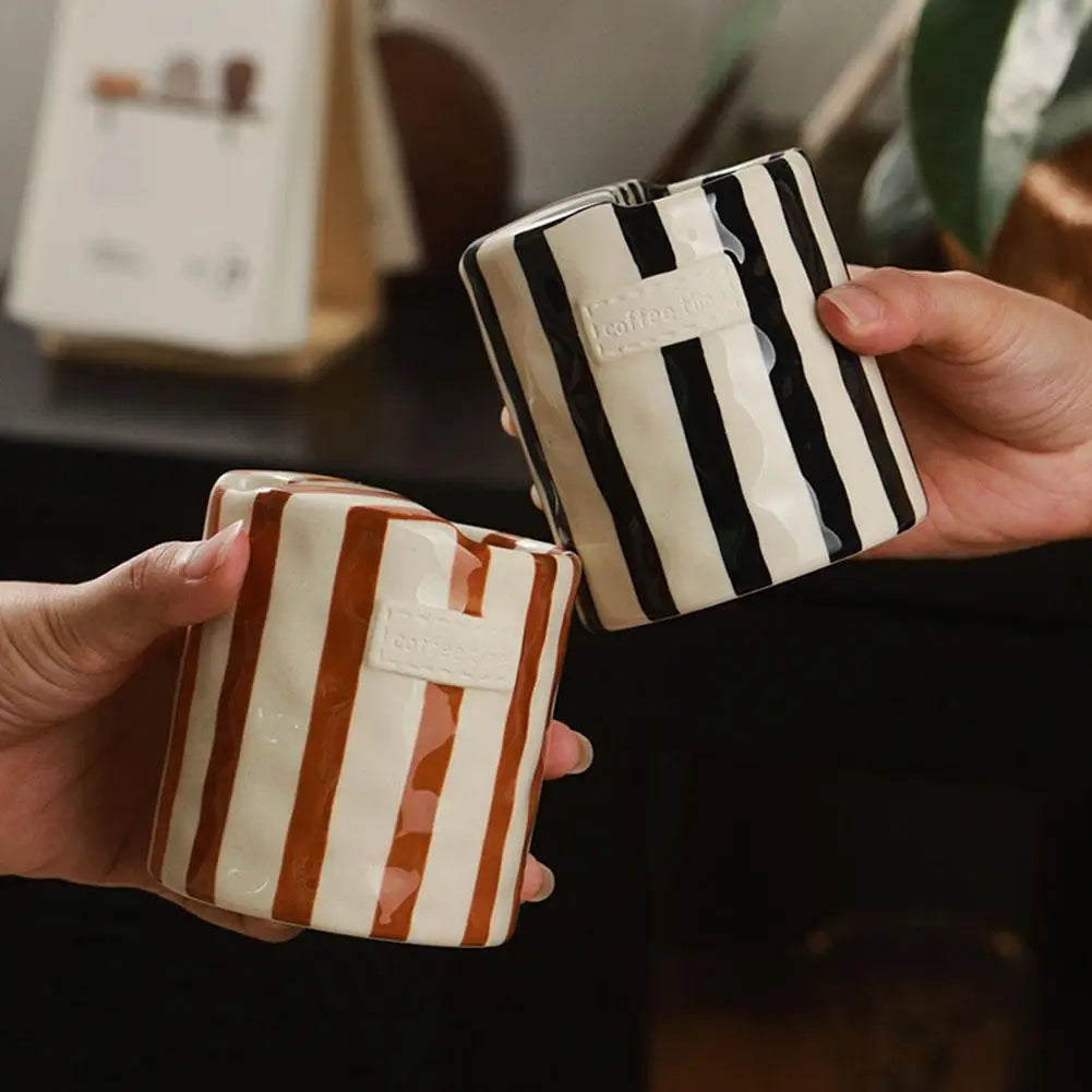 Vintage Stripe Hand Painted Ceramic Mug Creative Dual Compartment Coffee Cup for Office Afternoon Tea Breakfast