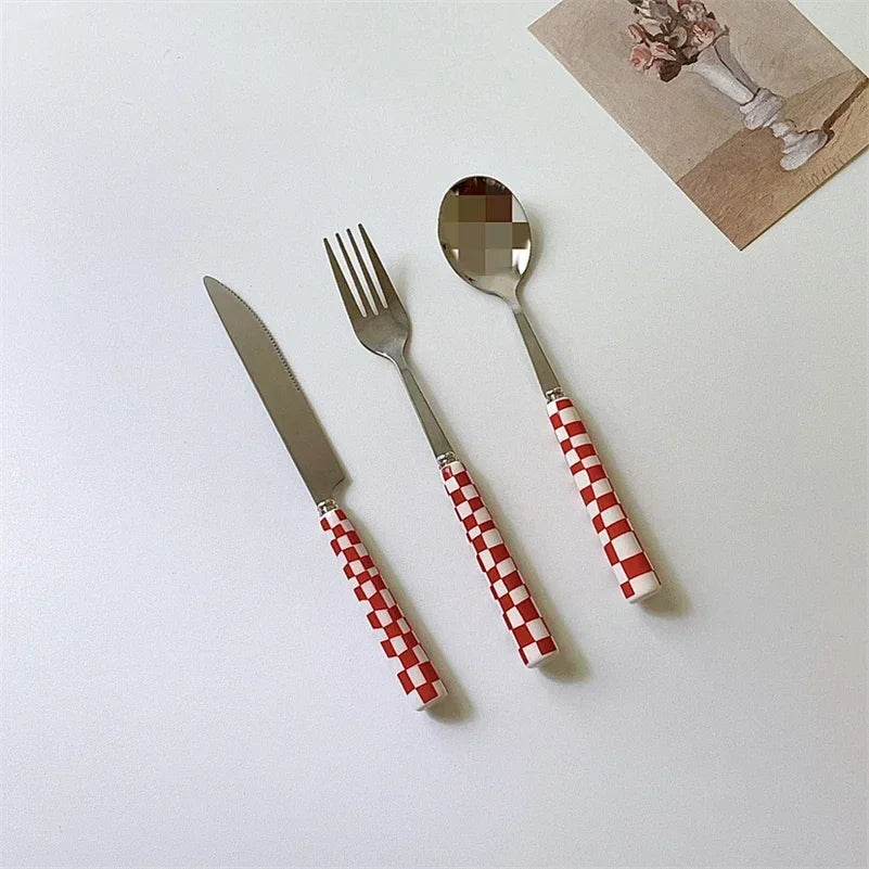 3pcs/set Stainless Steel Knife Fork Spoon Checkerboard Ceramic Handle Cutlery Set Western Tableware Dessert Fork Knife Spoon