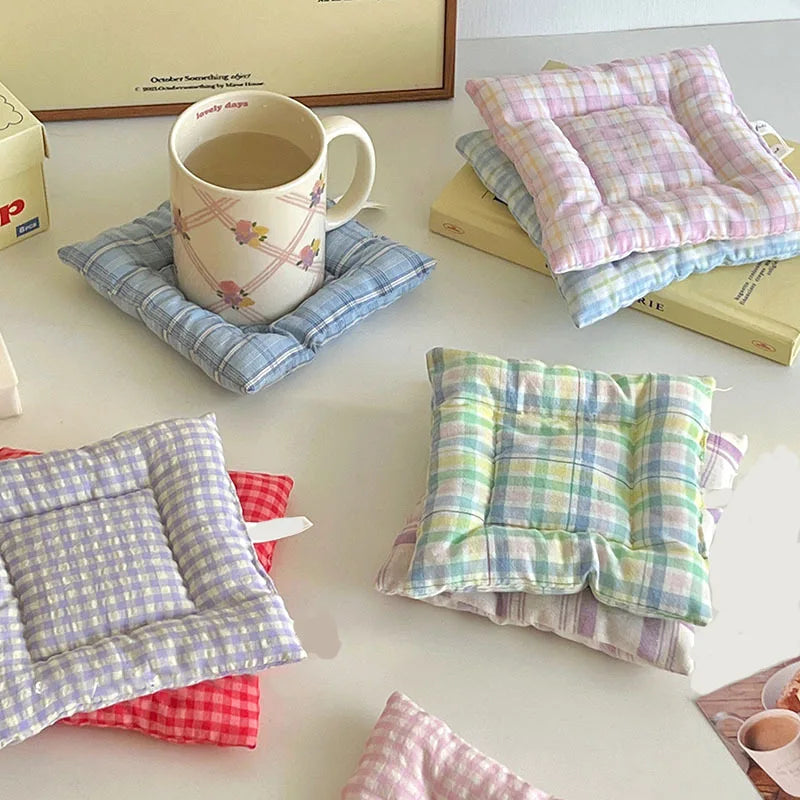 Coaster Korean Style Hand Made Cotton Coaster checked pattern Insulation Pad Table Mat Placemats Home Decoration Kitchen Accesso