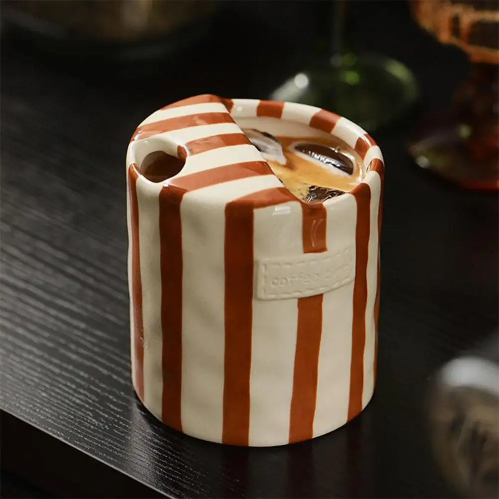Vintage Stripe Hand Painted Ceramic Mug Creative Dual Compartment Coffee Cup for Office Afternoon Tea Breakfast
