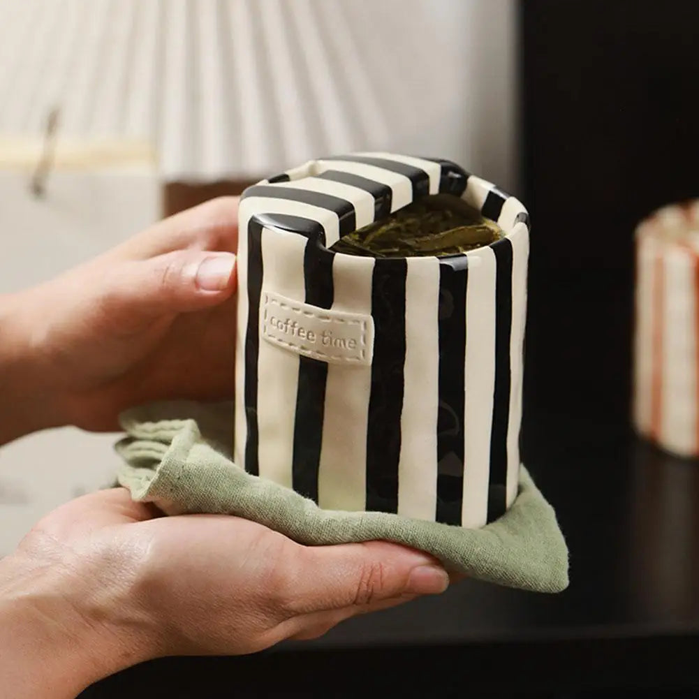 Vintage Stripe Hand Painted Ceramic Mug Creative Dual Compartment Coffee Cup for Office Afternoon Tea Breakfast