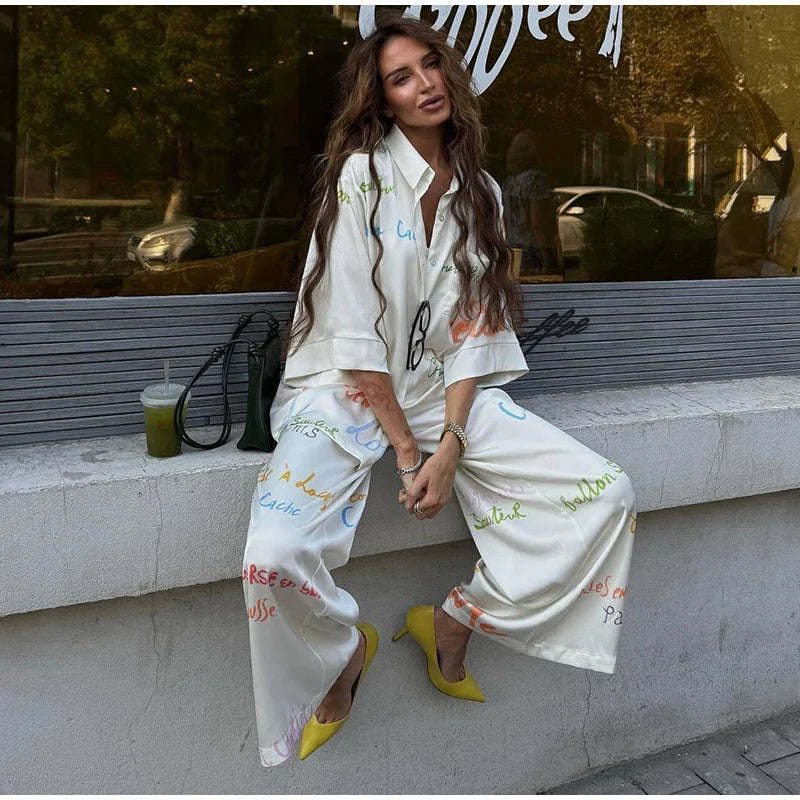 Vacation Geometric Printed Loose Pants Set