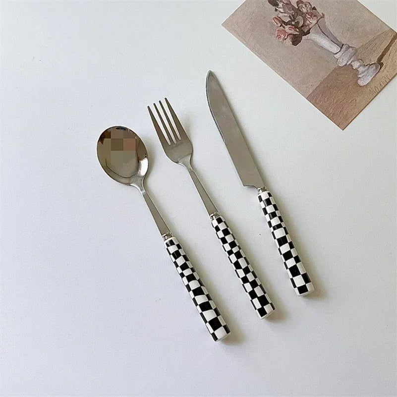 3pcs/set Stainless Steel Knife Fork Spoon Checkerboard Ceramic Handle Cutlery Set Western Tableware Dessert Fork Knife Spoon