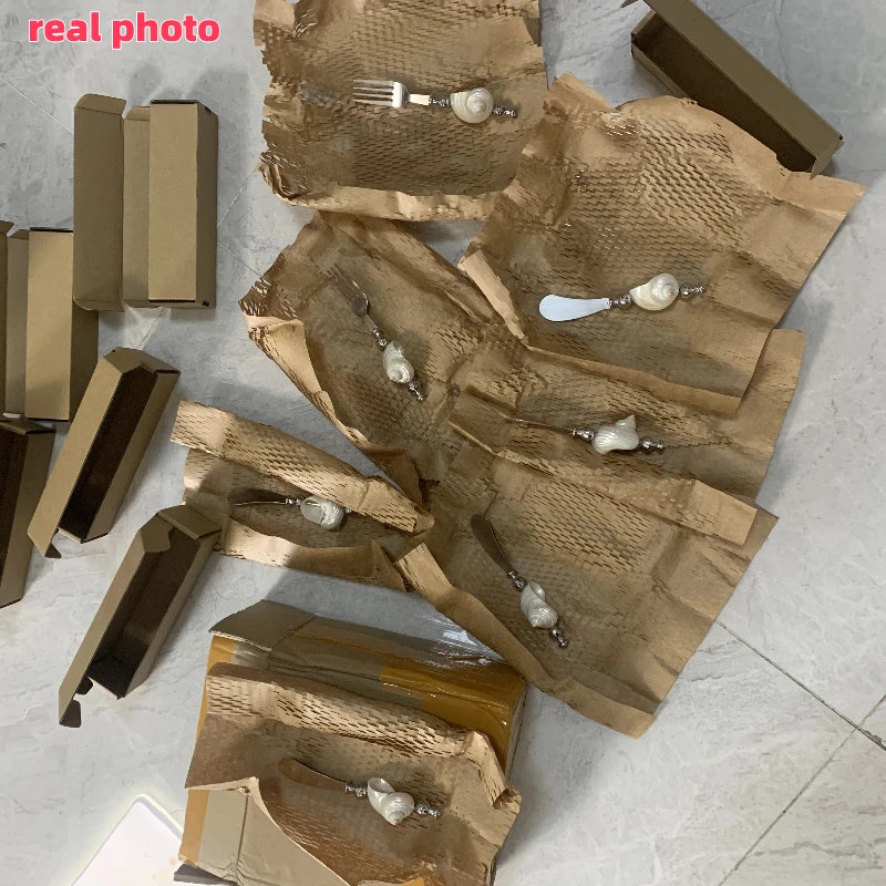 Natural Conch Shell Handle Fork Spoon Knife Stainless Steel Seashell Flatware Dessert Spoon Dinner Knife Salad Fork Dinnerware
