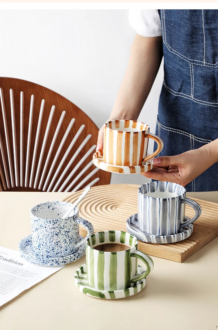 Simple Striped Ceramic Teacup Hotel Café Porcelain Coffee Cup 280ml Office Mug Breakfast Bread Dessert Mug Gift Table Decoration