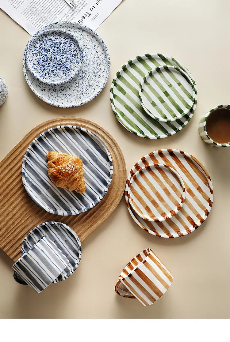 Simple Striped Ceramic Teacup Hotel Café Porcelain Coffee Cup 280ml Office Mug Breakfast Bread Dessert Mug Gift Table Decoration