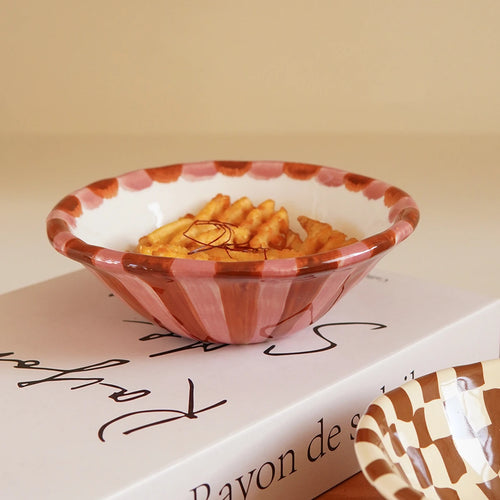 1Pc Rose Striped Ceramic Bowl, Creative Design Hand-Painted Checkerboard Ceramic Dessert Bowl, Exquisite and Aesthetically Pleasing, Suitable for Daily Household Tableware, Ice Cream Bowls for Restaurants and Cafes, Afternoon