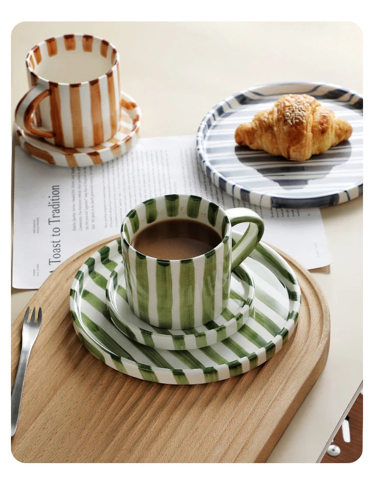 Simple Striped Ceramic Teacup Hotel Café Porcelain Coffee Cup 280ml Office Mug Breakfast Bread Dessert Mug Gift Table Decoration