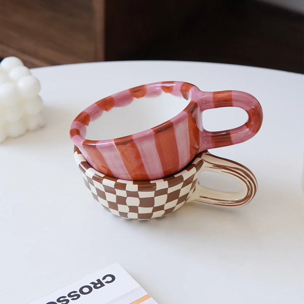 1Pc Rose Striped Ceramic Mug, Striped Ceramic Coffee Cup, Exquisite and Beautiful, Suitable for Daily Use at Home, for Drinking Water, Breakfast Milk Cup, Afternoon Tea Coffee Latte Art Cup, Gift Item