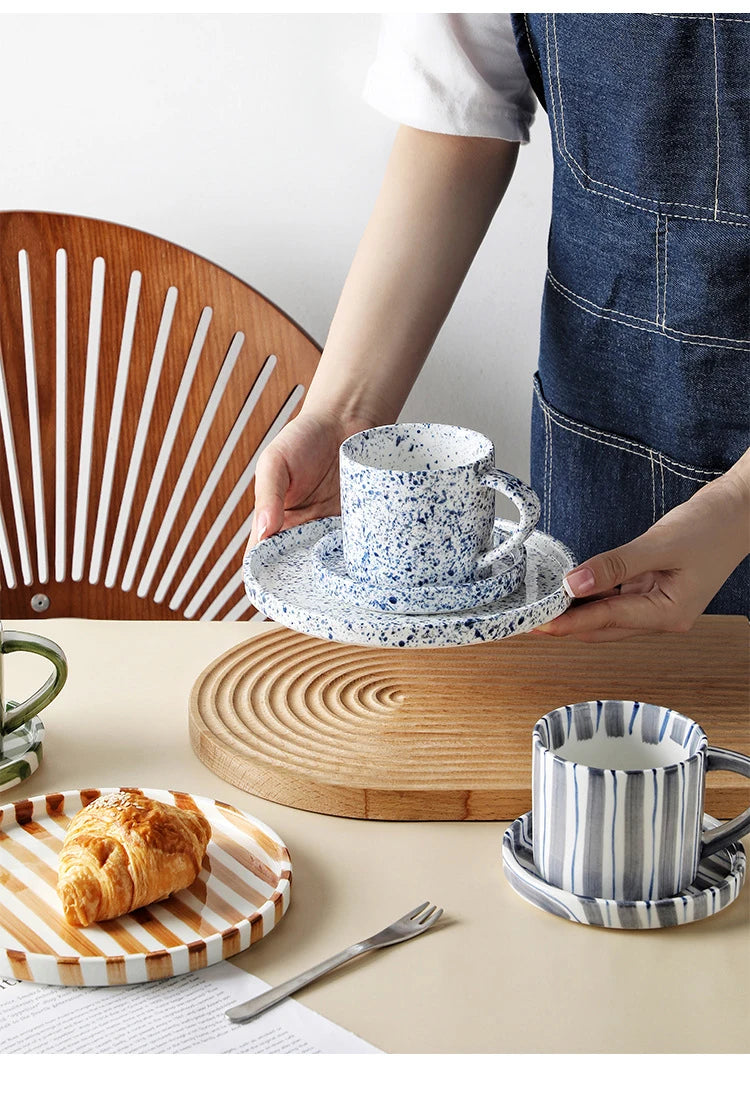 Simple Striped Ceramic Teacup Hotel Café Porcelain Coffee Cup 280ml Office Mug Breakfast Bread Dessert Mug Gift Table Decoration