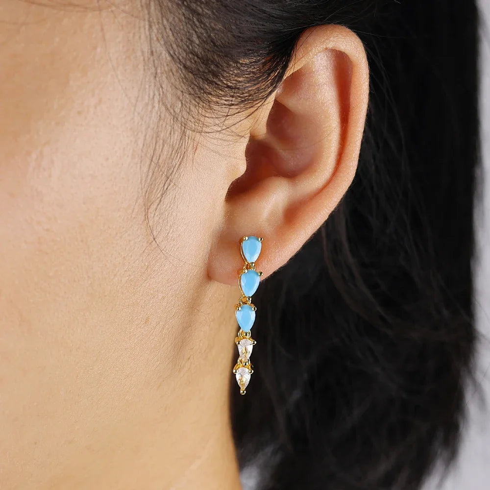 High Quality Geometric Turquoises CZ Paved Earring Hoop Premium Blue Drop Dangle Earrings for Women Wedding Luxury Jewelry Girls