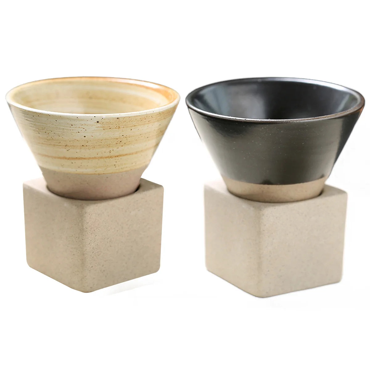 100ml Coarse Pottery Coffee Mugs, Japanese Style Ceramic Tea Cups Triangular Cone Shape Porcelain Retro Mug with Square Base