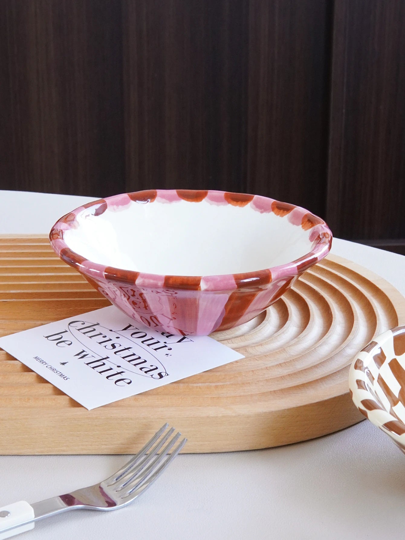 1Pc Rose Striped Ceramic Bowl, Creative Design Hand-Painted Checkerboard Ceramic Dessert Bowl, Exquisite and Aesthetically Pleasing, Suitable for Daily Household Tableware, Ice Cream Bowls for Restaurants and Cafes, Afternoon