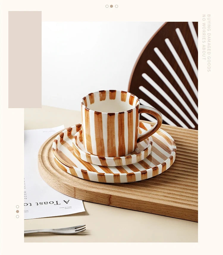 Simple Striped Ceramic Teacup Hotel Café Porcelain Coffee Cup 280ml Office Mug Breakfast Bread Dessert Mug Gift Table Decoration