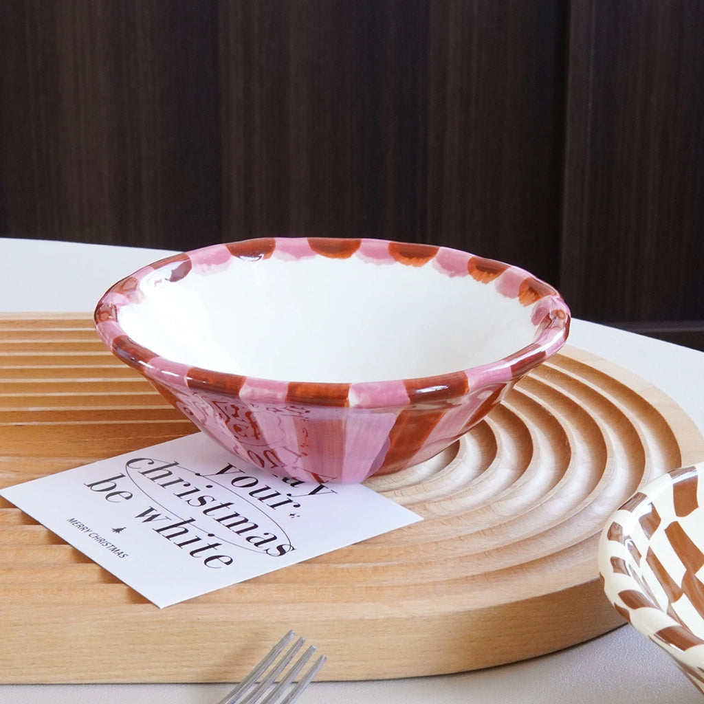 1Pc Rose Striped Ceramic Bowl, Creative Design Hand-Painted Checkerboard Ceramic Dessert Bowl, Exquisite and Aesthetically Pleasing, Suitable for Daily Household Tableware, Ice Cream Bowls for Restaurants and Cafes, Afternoon
