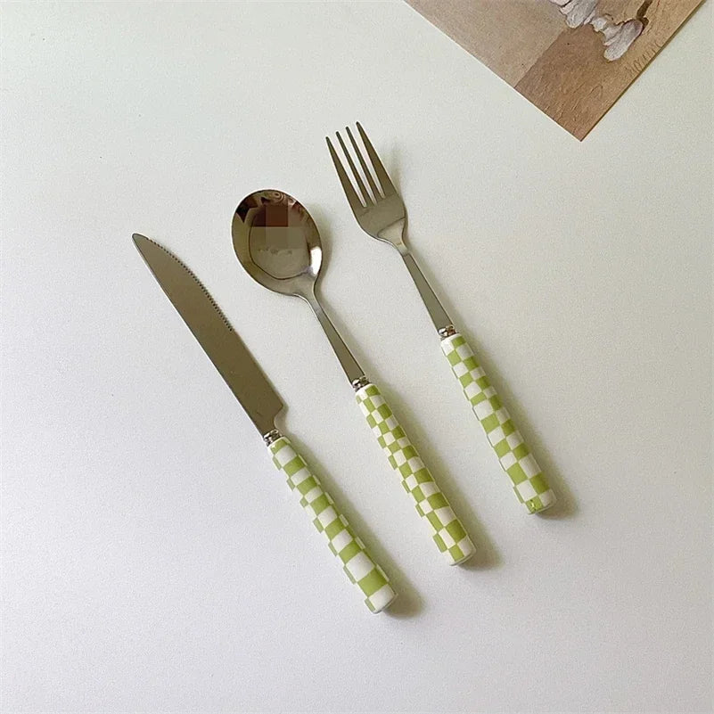 3pcs/set Stainless Steel Knife Fork Spoon Checkerboard Ceramic Handle Cutlery Set Western Tableware Dessert Fork Knife Spoon