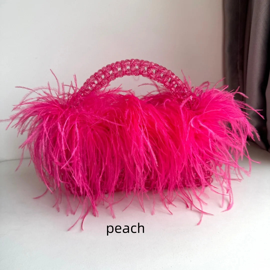 Pearl Bead Bag With Feather Fur Designer Brand Clear Acrylic Crystal Stone Box Tote Handbag Women Handmade Party Purse