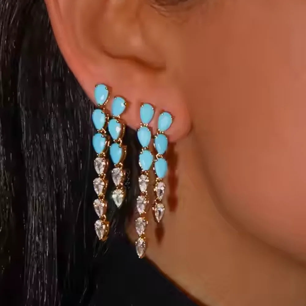 High Quality Geometric Turquoises CZ Paved Earring Hoop Premium Blue Drop Dangle Earrings for Women Wedding Luxury Jewelry Girls