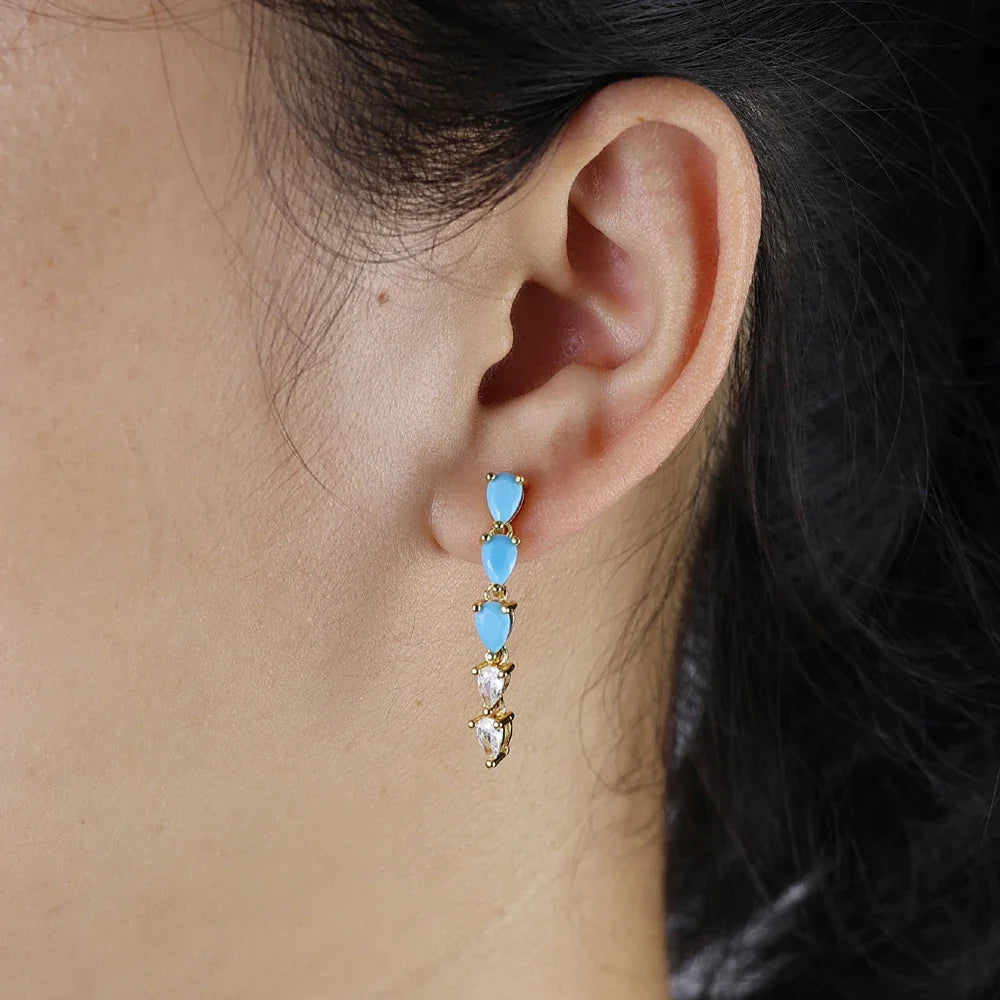 High Quality Geometric Turquoises CZ Paved Earring Hoop Premium Blue Drop Dangle Earrings for Women Wedding Luxury Jewelry Girls