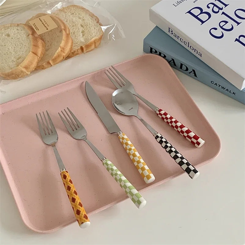 3pcs/set Stainless Steel Knife Fork Spoon Checkerboard Ceramic Handle Cutlery Set Western Tableware Dessert Fork Knife Spoon