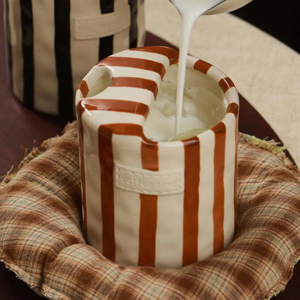 Vintage Stripe Hand Painted Ceramic Mug Creative Dual Compartment Coffee Cup for Office Afternoon Tea Breakfast