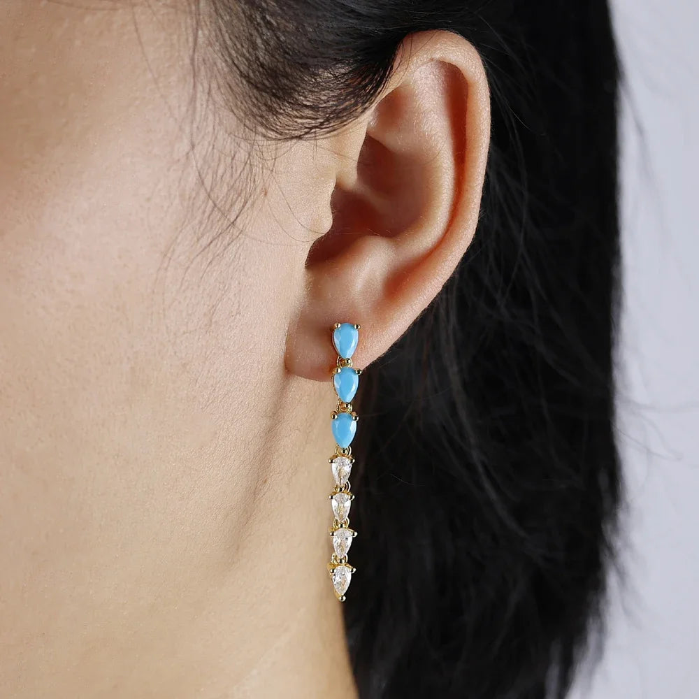 High Quality Geometric Turquoises CZ Paved Earring Hoop Premium Blue Drop Dangle Earrings for Women Wedding Luxury Jewelry Girls