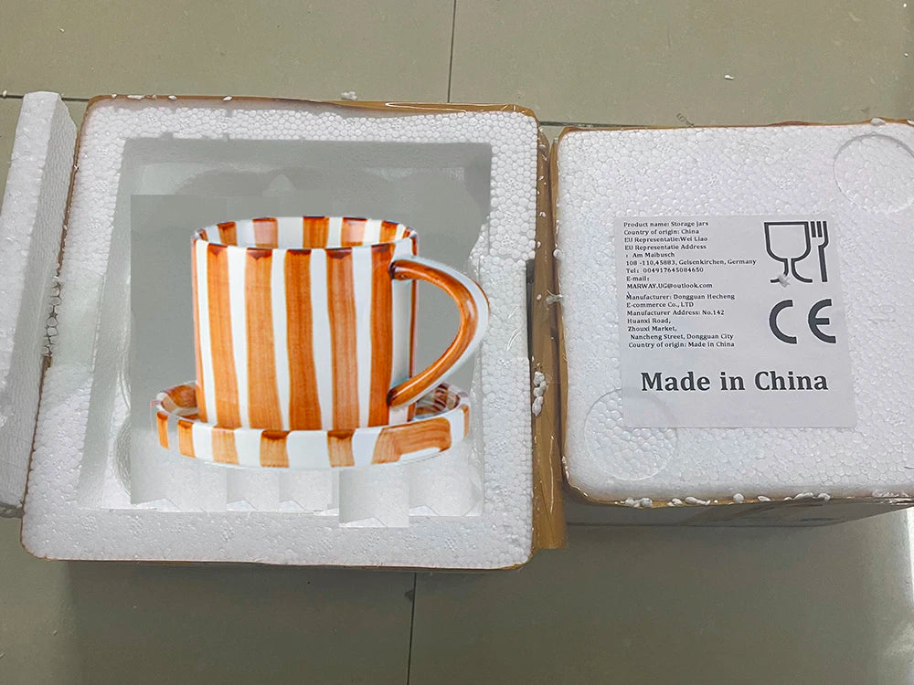 Simple Striped Ceramic Teacup Hotel Café Porcelain Coffee Cup 280ml Office Mug Breakfast Bread Dessert Mug Gift Table Decoration