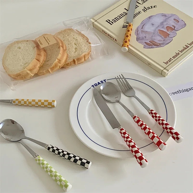 3pcs/set Stainless Steel Knife Fork Spoon Checkerboard Ceramic Handle Cutlery Set Western Tableware Dessert Fork Knife Spoon