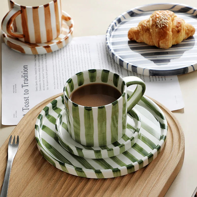 Simple Striped Ceramic Teacup Hotel Café Porcelain Coffee Cup 280ml Office Mug Breakfast Bread Dessert Mug Gift Table Decoration
