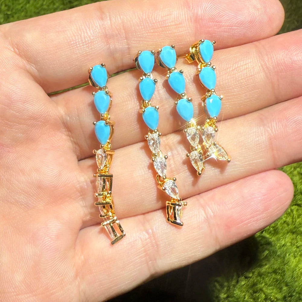 High Quality Geometric Turquoises CZ Paved Earring Hoop Premium Blue Drop Dangle Earrings for Women Wedding Luxury Jewelry Girls