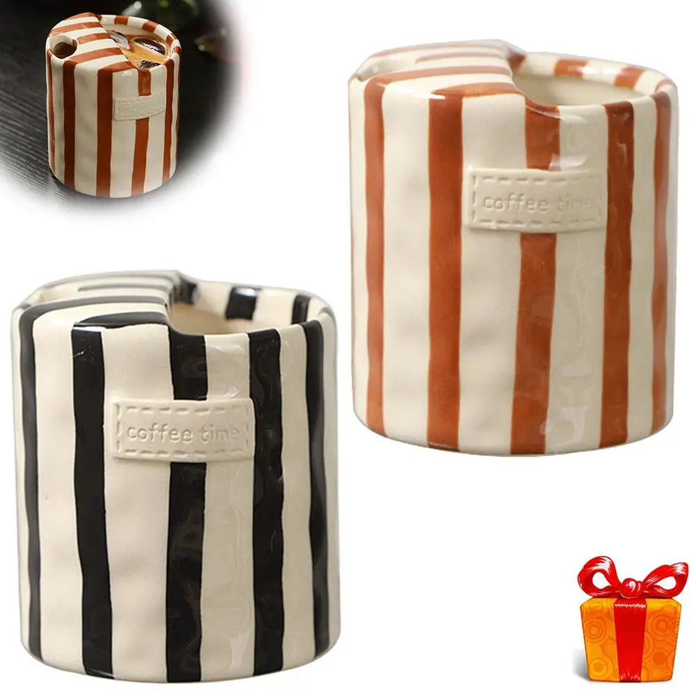 Vintage Stripe Hand Painted Ceramic Mug Creative Dual Compartment Coffee Cup for Office Afternoon Tea Breakfast