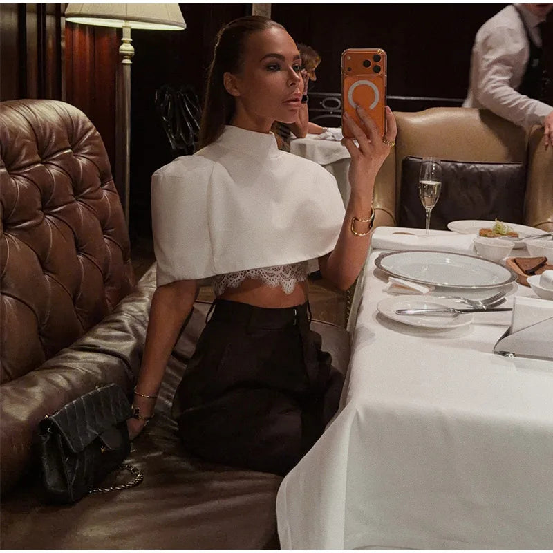Elegant Cropped Shawl Top With Shoulder Pad