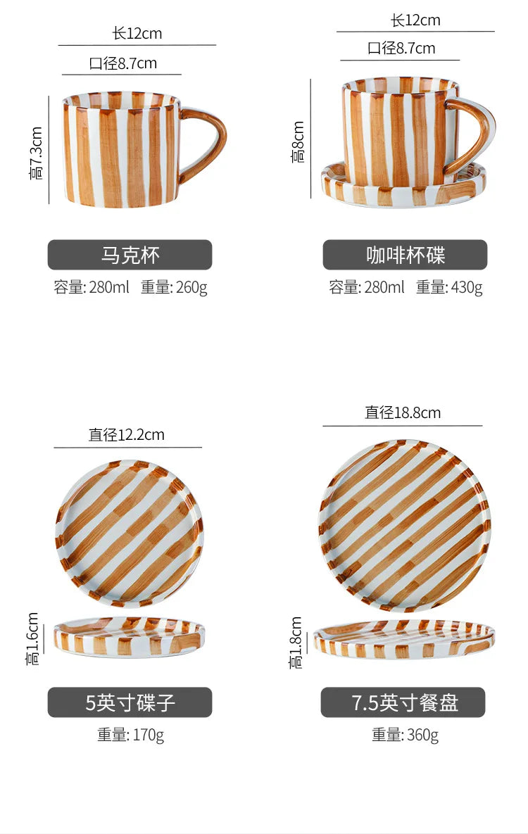 Simple Striped Ceramic Teacup Hotel Café Porcelain Coffee Cup 280ml Office Mug Breakfast Bread Dessert Mug Gift Table Decoration