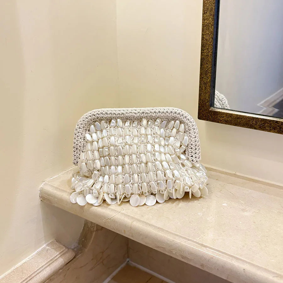 Handmade Shell Bead Bracelet Bag Elegant Crossbody Handbag Polyester Fiber Small Size Casual Style Summer 2026 Pure Color