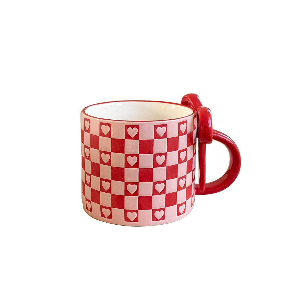 1Pc Ceramic Mug with Bowknot Handle and Heart Design, Creative Bowknot Handle Design with Checkerboard Pattern, Suitable for Home Decoration, Daily Household Use, Breakfast Milk, Afternoon Tea Coffee, Latte Art Cup for Coffee