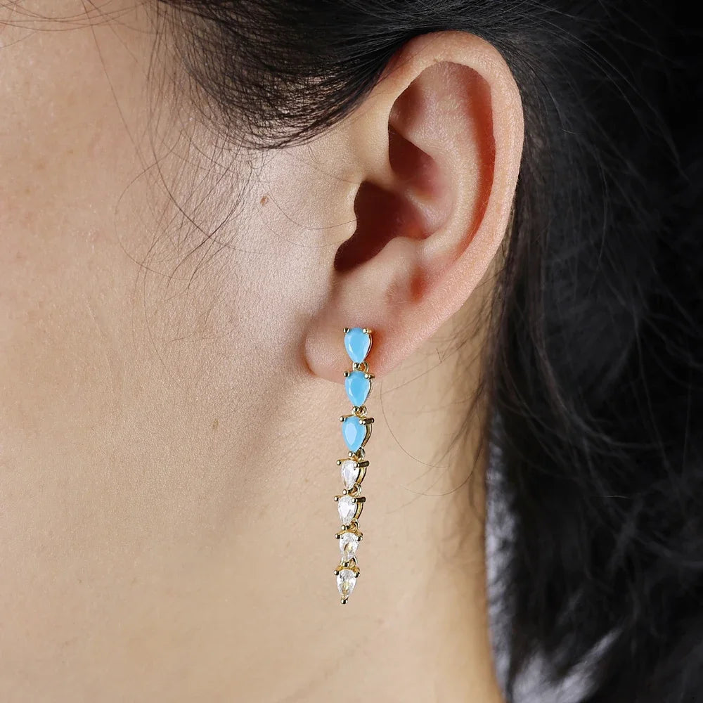 High Quality Geometric Turquoises CZ Paved Earring Hoop Premium Blue Drop Dangle Earrings for Women Wedding Luxury Jewelry Girls