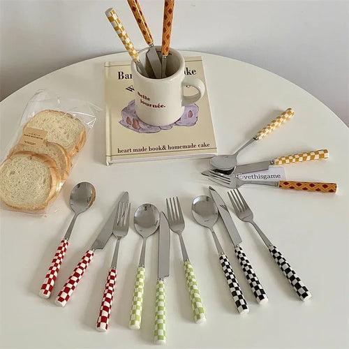 3pcs Stainless Steel Checkerboard Ceramic Handle Cutlery Set