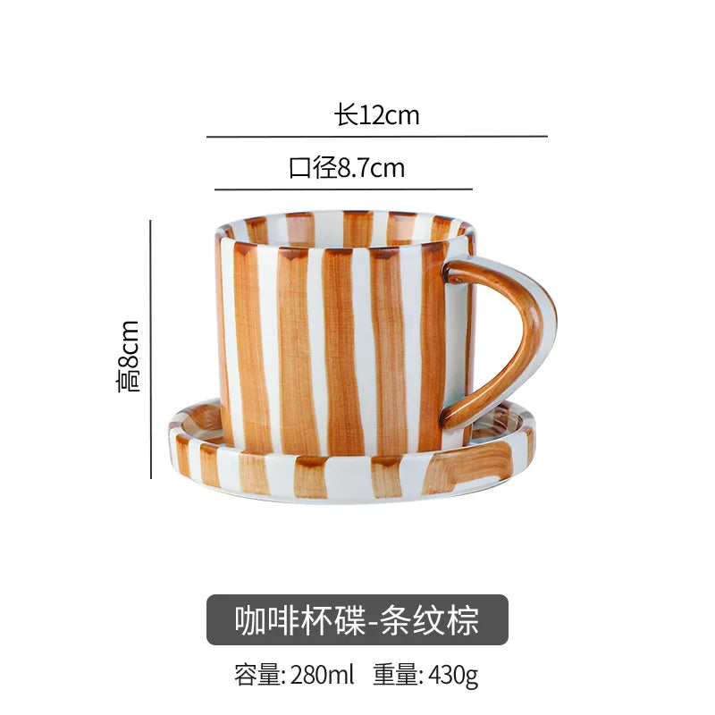 Simple Striped Ceramic Teacup Hotel Café Porcelain Coffee Cup 280ml Office Mug Breakfast Bread Dessert Mug Gift Table Decoration