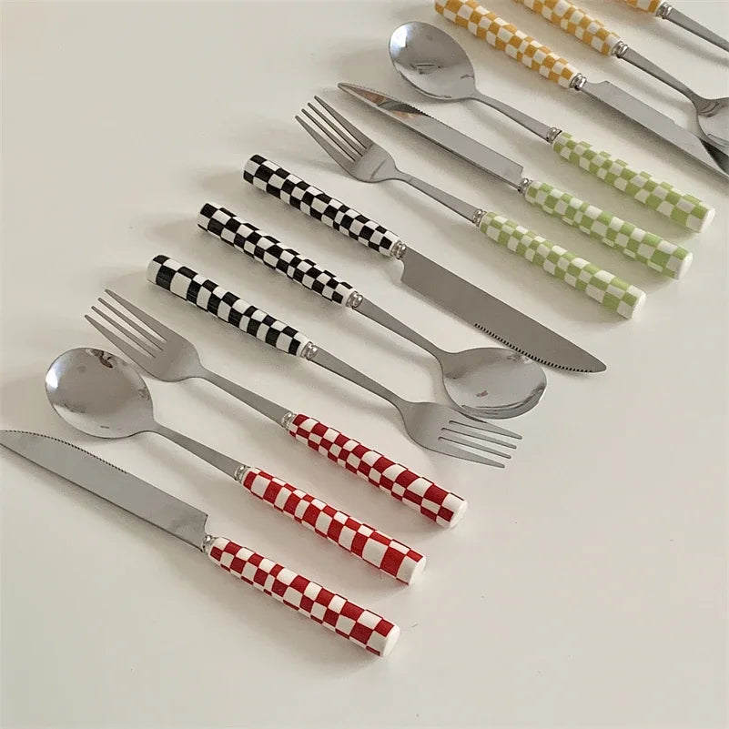 3pcs/set Stainless Steel Knife Fork Spoon Checkerboard Ceramic Handle Cutlery Set Western Tableware Dessert Fork Knife Spoon