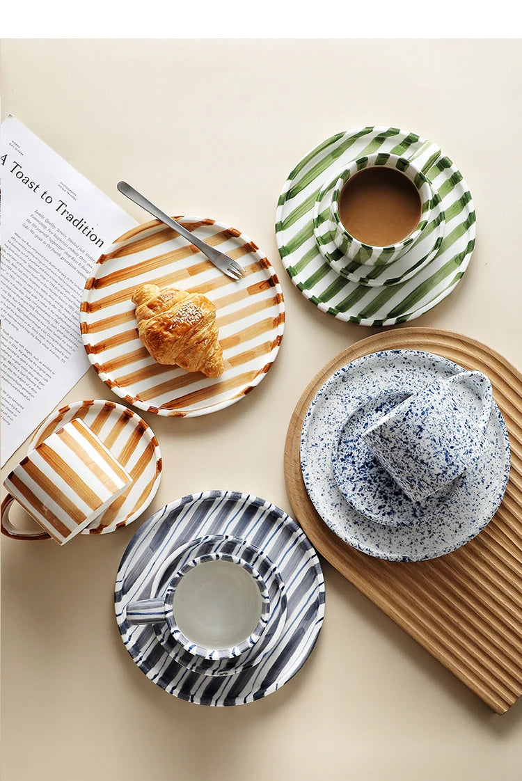 Simple Striped Ceramic Teacup Hotel Café Porcelain Coffee Cup 280ml Office Mug Breakfast Bread Dessert Mug Gift Table Decoration